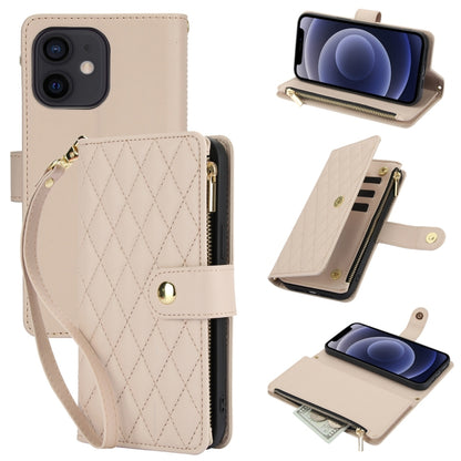 For iPhone 12 mini YM016 Rhombic Zipper Card Wallet Leather Phone Case with Lanyard(Apricot) - iPhone 12 mini Cases by buy2fix | Online Shopping UK | buy2fix