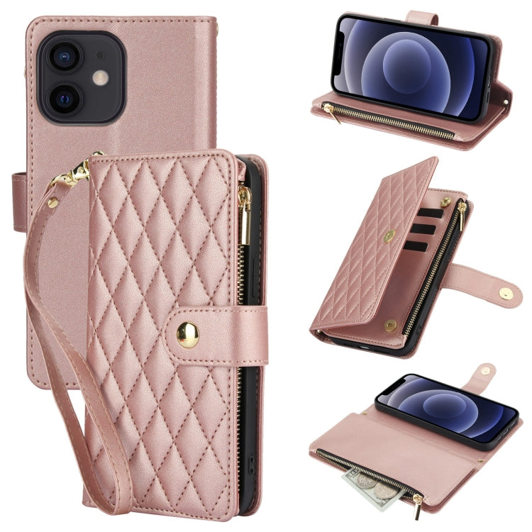 For iPhone 12 mini YM016 Rhombic Zipper Card Wallet Leather Phone Case with Lanyard(Rose Gold) - iPhone 12 mini Cases by buy2fix | Online Shopping UK | buy2fix