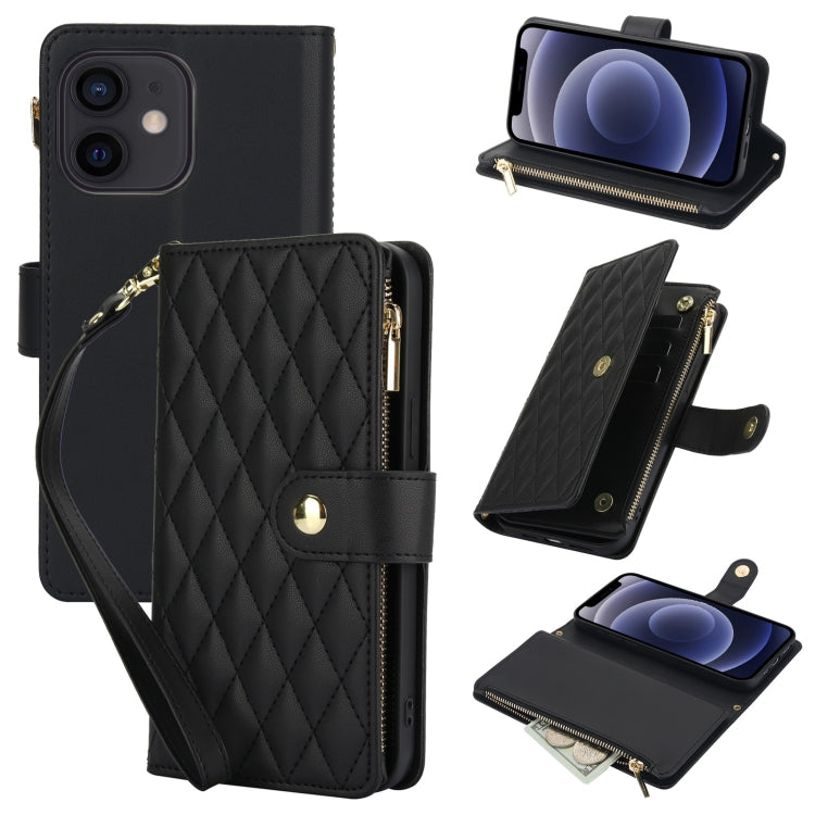 For iPhone 12 mini YM016 Rhombic Zipper Card Wallet Leather Phone Case with Lanyard(Black) - iPhone 12 mini Cases by buy2fix | Online Shopping UK | buy2fix