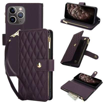 For iPhone 11 Pro Max YM016 Rhombic Zipper Card Wallet Leather Phone Case with Lanyard(Dark Purple) - iPhone 11 Pro Max Cases by buy2fix | Online Shopping UK | buy2fix