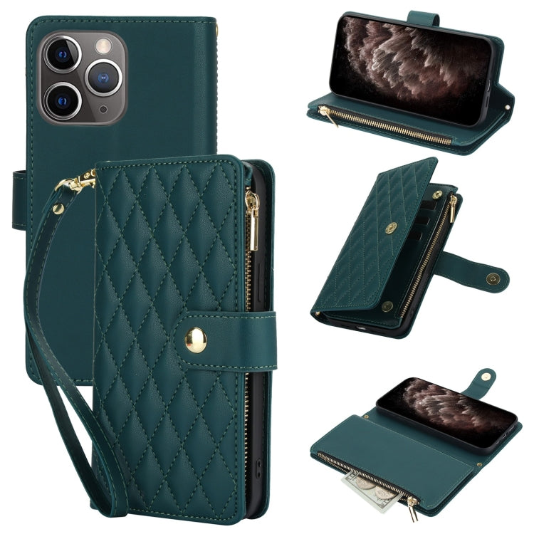 For iPhone 11 Pro Max YM016 Rhombic Zipper Card Wallet Leather Phone Case with Lanyard(Green) - iPhone 11 Pro Max Cases by buy2fix | Online Shopping UK | buy2fix