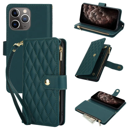 For iPhone 11 Pro Max YM016 Rhombic Zipper Card Wallet Leather Phone Case with Lanyard(Green) - iPhone 11 Pro Max Cases by buy2fix | Online Shopping UK | buy2fix