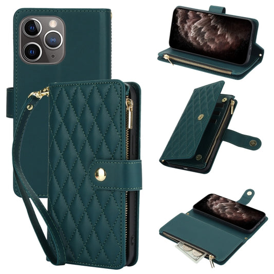 For iPhone 11 Pro Max YM016 Rhombic Zipper Card Wallet Leather Phone Case with Lanyard(Green) - iPhone 11 Pro Max Cases by buy2fix | Online Shopping UK | buy2fix