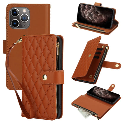 For iPhone 11 Pro Max YM016 Rhombic Zipper Card Wallet Leather Phone Case with Lanyard(Brown) - iPhone 11 Pro Max Cases by buy2fix | Online Shopping UK | buy2fix