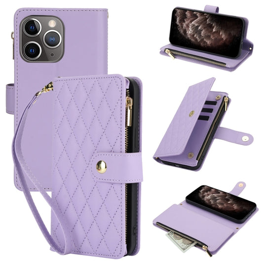 For iPhone 11 Pro Max YM016 Rhombic Zipper Card Wallet Leather Phone Case with Lanyard(Light Purple) - iPhone 11 Pro Max Cases by buy2fix | Online Shopping UK | buy2fix