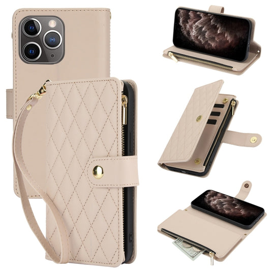 For iPhone 11 Pro Max YM016 Rhombic Zipper Card Wallet Leather Phone Case with Lanyard(Apricot) - iPhone 11 Pro Max Cases by buy2fix | Online Shopping UK | buy2fix