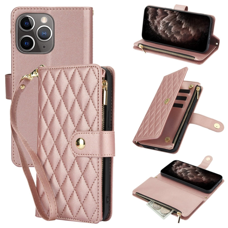 For iPhone 11 Pro Max YM016 Rhombic Zipper Card Wallet Leather Phone Case with Lanyard(Rose Gold) - iPhone 11 Pro Max Cases by buy2fix | Online Shopping UK | buy2fix