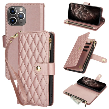 For iPhone 11 Pro Max YM016 Rhombic Zipper Card Wallet Leather Phone Case with Lanyard(Rose Gold) - iPhone 11 Pro Max Cases by buy2fix | Online Shopping UK | buy2fix