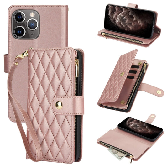 For iPhone 11 Pro Max YM016 Rhombic Zipper Card Wallet Leather Phone Case with Lanyard(Rose Gold) - iPhone 11 Pro Max Cases by buy2fix | Online Shopping UK | buy2fix