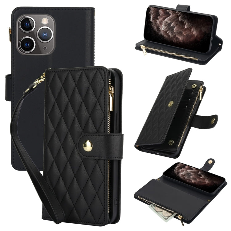 For iPhone 11 Pro Max YM016 Rhombic Zipper Card Wallet Leather Phone Case with Lanyard(Black) - iPhone 11 Pro Max Cases by buy2fix | Online Shopping UK | buy2fix