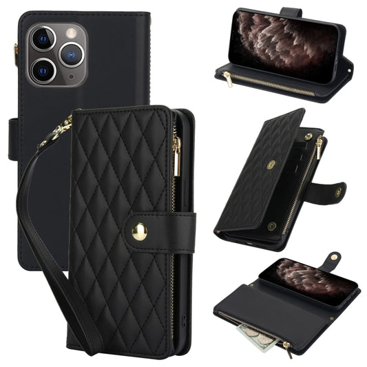 For iPhone 11 Pro Max YM016 Rhombic Zipper Card Wallet Leather Phone Case with Lanyard(Black) - iPhone 11 Pro Max Cases by buy2fix | Online Shopping UK | buy2fix