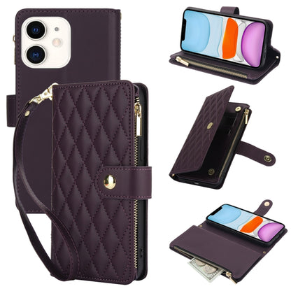 For iPhone 11 YM016 Rhombic Zipper Card Wallet Leather Phone Case with Lanyard(Dark Purple) - iPhone 11 Cases by buy2fix | Online Shopping UK | buy2fix