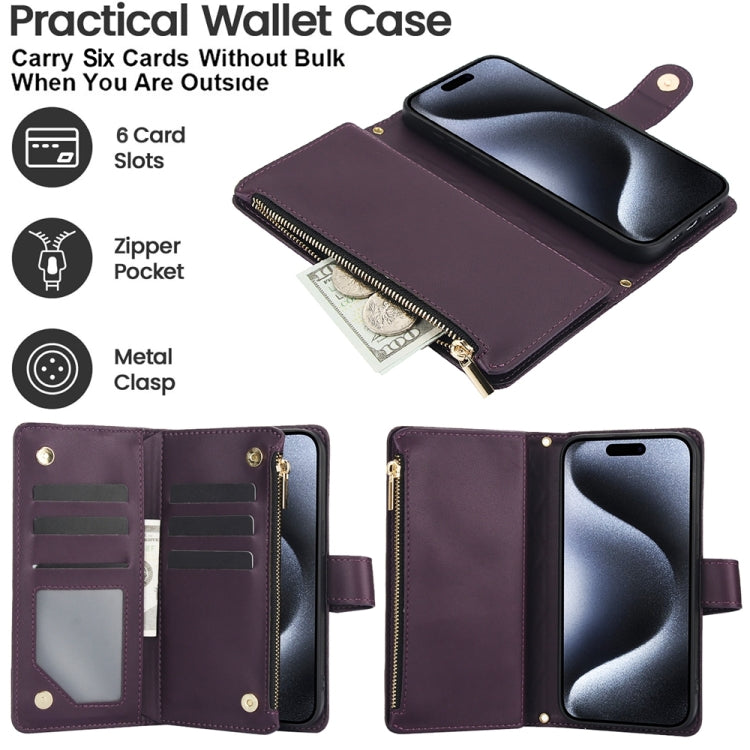 For iPhone 11 YM016 Rhombic Zipper Card Wallet Leather Phone Case with Lanyard(Dark Purple) - iPhone 11 Cases by buy2fix | Online Shopping UK | buy2fix