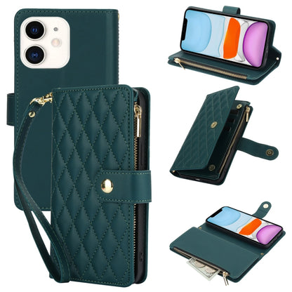 For iPhone 11 YM016 Rhombic Zipper Card Wallet Leather Phone Case with Lanyard(Green) - iPhone 11 Cases by buy2fix | Online Shopping UK | buy2fix