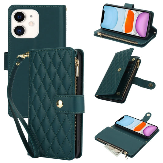 For iPhone 11 YM016 Rhombic Zipper Card Wallet Leather Phone Case with Lanyard(Green) - iPhone 11 Cases by buy2fix | Online Shopping UK | buy2fix