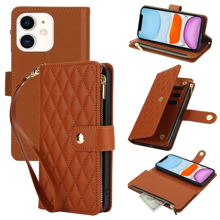For iPhone 11 YM016 Rhombic Zipper Card Wallet Leather Phone Case with Lanyard(Brown) - iPhone 11 Cases by buy2fix | Online Shopping UK | buy2fix