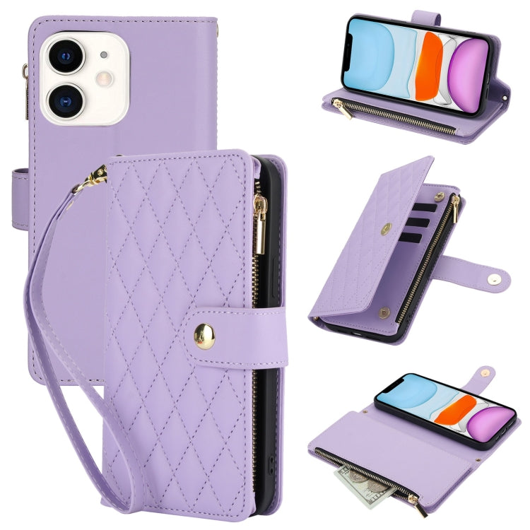 For iPhone 11 YM016 Rhombic Zipper Card Wallet Leather Phone Case with Lanyard(Light Purple) - iPhone 11 Cases by buy2fix | Online Shopping UK | buy2fix