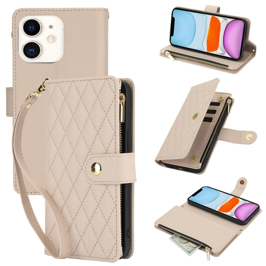 For iPhone 11 YM016 Rhombic Zipper Card Wallet Leather Phone Case with Lanyard(Apricot) - iPhone 11 Cases by buy2fix | Online Shopping UK | buy2fix
