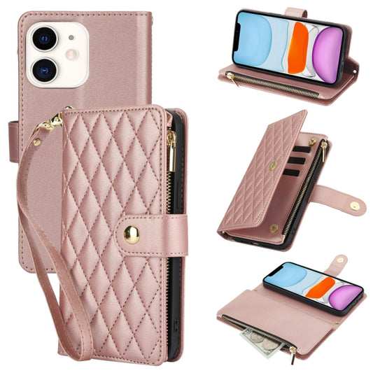 For iPhone 11 YM016 Rhombic Zipper Card Wallet Leather Phone Case with Lanyard(Rose Gold) - iPhone 11 Cases by buy2fix | Online Shopping UK | buy2fix