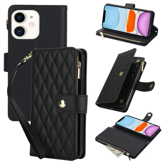 For iPhone 11 YM016 Rhombic Zipper Card Wallet Leather Phone Case with Lanyard(Black) - iPhone 11 Cases by buy2fix | Online Shopping UK | buy2fix