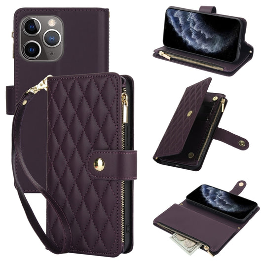 For iPhone 11 Pro YM016 Rhombic Zipper Card Wallet Leather Phone Case with Lanyard(Dark Purple) - iPhone 11 Pro Cases by buy2fix | Online Shopping UK | buy2fix