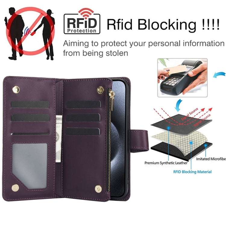 For iPhone 11 Pro YM016 Rhombic Zipper Card Wallet Leather Phone Case with Lanyard(Dark Purple) - iPhone 11 Pro Cases by buy2fix | Online Shopping UK | buy2fix