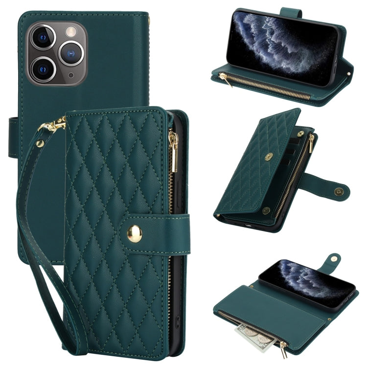 For iPhone 11 Pro YM016 Rhombic Zipper Card Wallet Leather Phone Case with Lanyard(Green) - iPhone 11 Pro Cases by buy2fix | Online Shopping UK | buy2fix