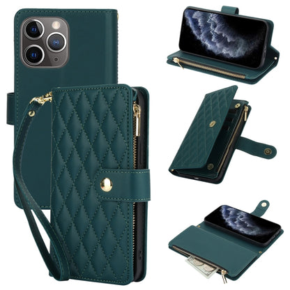 For iPhone 11 Pro YM016 Rhombic Zipper Card Wallet Leather Phone Case with Lanyard(Green) - iPhone 11 Pro Cases by buy2fix | Online Shopping UK | buy2fix