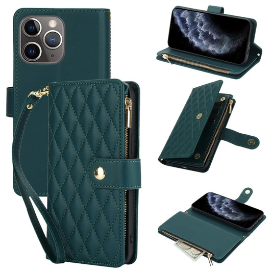 For iPhone 11 Pro YM016 Rhombic Zipper Card Wallet Leather Phone Case with Lanyard(Green) - iPhone 11 Pro Cases by buy2fix | Online Shopping UK | buy2fix