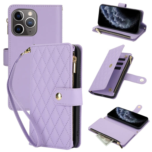 For iPhone 11 Pro YM016 Rhombic Zipper Card Wallet Leather Phone Case with Lanyard(Light Purple) - iPhone 11 Pro Cases by buy2fix | Online Shopping UK | buy2fix