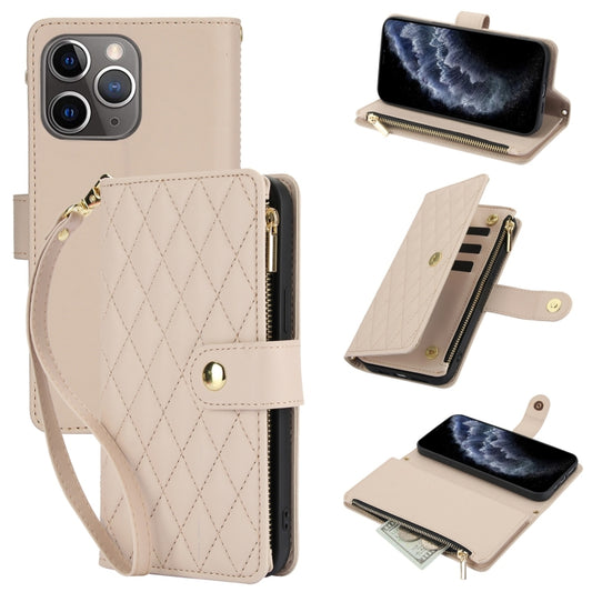 For iPhone 11 Pro YM016 Rhombic Zipper Card Wallet Leather Phone Case with Lanyard(Apricot) - iPhone 11 Pro Cases by buy2fix | Online Shopping UK | buy2fix