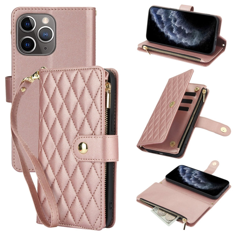 For iPhone 11 Pro YM016 Rhombic Zipper Card Wallet Leather Phone Case with Lanyard(Rose Gold) - iPhone 11 Pro Cases by buy2fix | Online Shopping UK | buy2fix