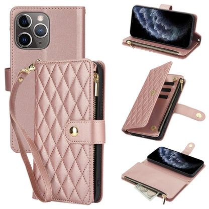 For iPhone 11 Pro YM016 Rhombic Zipper Card Wallet Leather Phone Case with Lanyard(Rose Gold) - iPhone 11 Pro Cases by buy2fix | Online Shopping UK | buy2fix