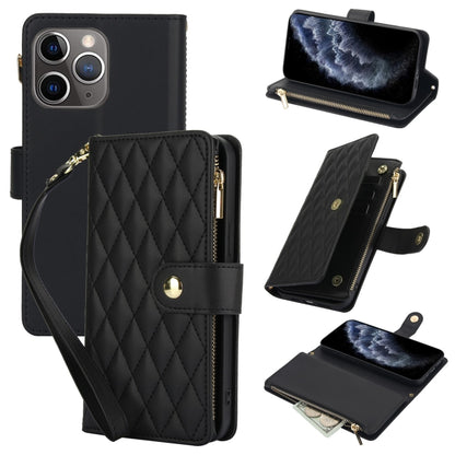For iPhone 11 Pro YM016 Rhombic Zipper Card Wallet Leather Phone Case with Lanyard(Black) - iPhone 11 Pro Cases by buy2fix | Online Shopping UK | buy2fix
