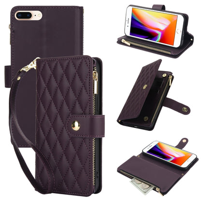 For iPhone 8 Plus / 7 Plus YM016 Rhombic Zipper Card Wallet Leather Phone Case with Lanyard(Dark Purple) - More iPhone Cases by buy2fix | Online Shopping UK | buy2fix