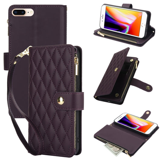 For iPhone 8 Plus / 7 Plus YM016 Rhombic Zipper Card Wallet Leather Phone Case with Lanyard(Dark Purple) - More iPhone Cases by buy2fix | Online Shopping UK | buy2fix