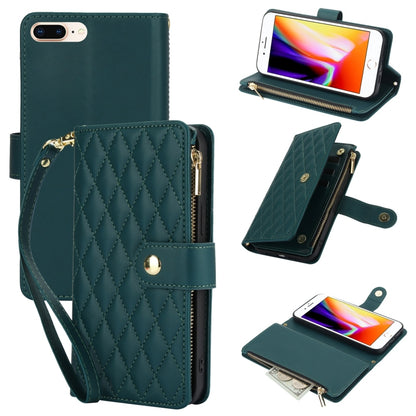 For iPhone 8 Plus / 7 Plus YM016 Rhombic Zipper Card Wallet Leather Phone Case with Lanyard(Green) - More iPhone Cases by buy2fix | Online Shopping UK | buy2fix