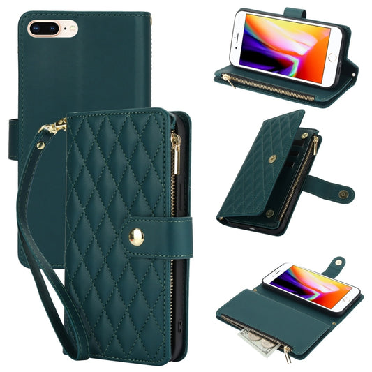 For iPhone 8 Plus / 7 Plus YM016 Rhombic Zipper Card Wallet Leather Phone Case with Lanyard(Green) - More iPhone Cases by buy2fix | Online Shopping UK | buy2fix