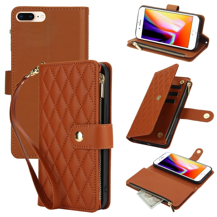 For iPhone 8 Plus / 7 Plus YM016 Rhombic Zipper Card Wallet Leather Phone Case with Lanyard(Brown) - More iPhone Cases by buy2fix | Online Shopping UK | buy2fix