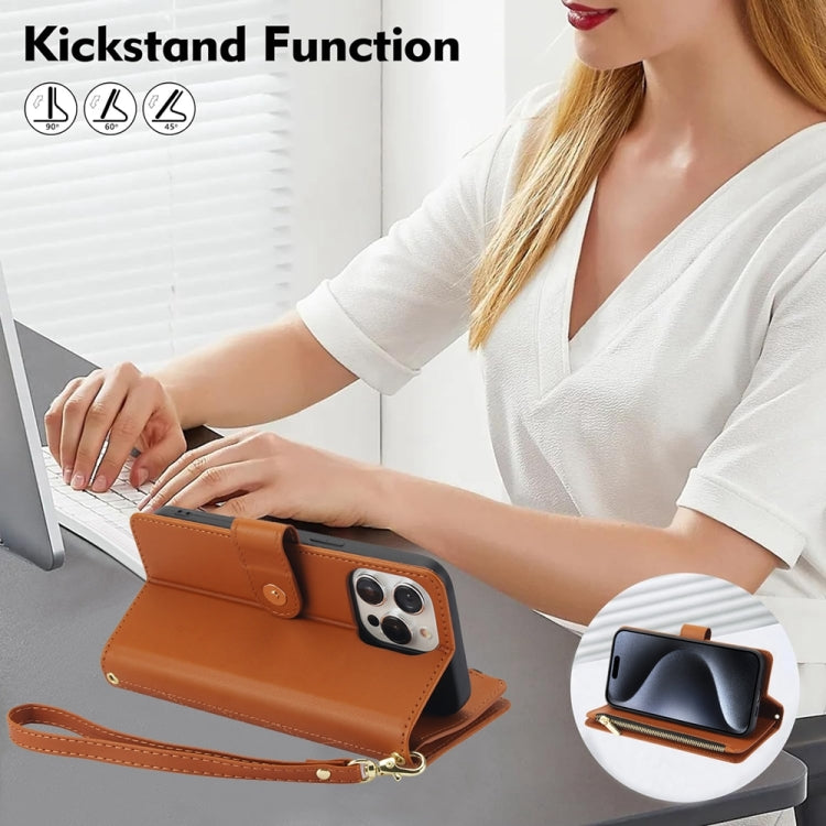 For iPhone 8 Plus / 7 Plus YM016 Rhombic Zipper Card Wallet Leather Phone Case with Lanyard(Brown) - More iPhone Cases by buy2fix | Online Shopping UK | buy2fix