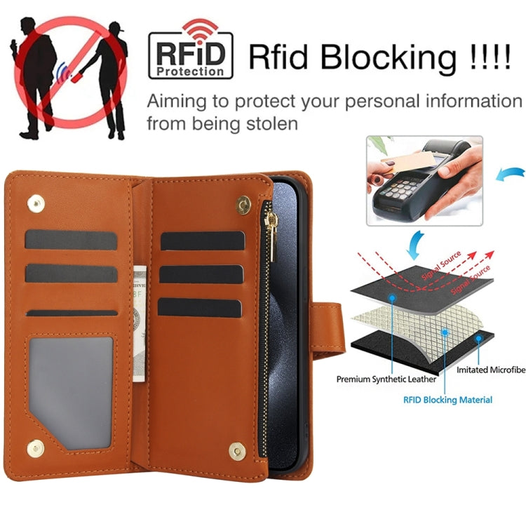 For iPhone 8 Plus / 7 Plus YM016 Rhombic Zipper Card Wallet Leather Phone Case with Lanyard(Brown) - More iPhone Cases by buy2fix | Online Shopping UK | buy2fix