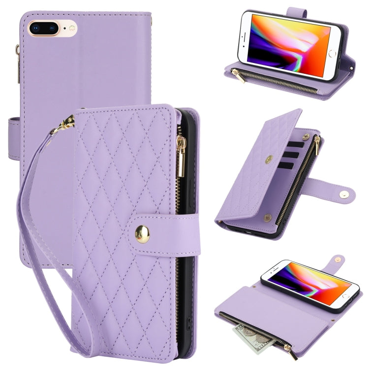 For iPhone 8 Plus / 7 Plus YM016 Rhombic Zipper Card Wallet Leather Phone Case with Lanyard(Light Purple) - More iPhone Cases by buy2fix | Online Shopping UK | buy2fix
