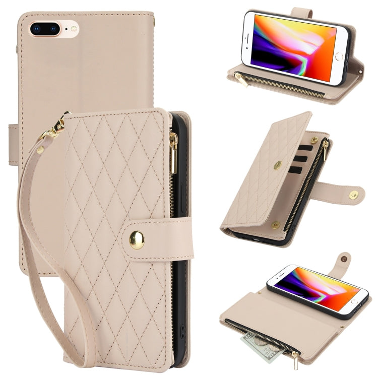 For iPhone 8 Plus / 7 Plus YM016 Rhombic Zipper Card Wallet Leather Phone Case with Lanyard(Apricot) - More iPhone Cases by buy2fix | Online Shopping UK | buy2fix