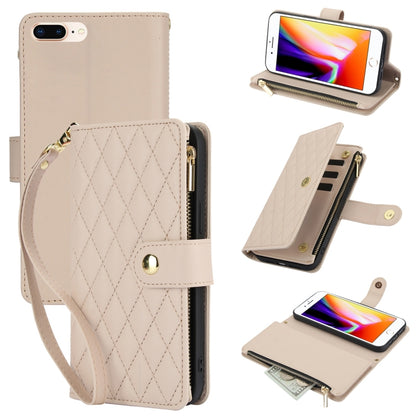 For iPhone 8 Plus / 7 Plus YM016 Rhombic Zipper Card Wallet Leather Phone Case with Lanyard(Apricot) - More iPhone Cases by buy2fix | Online Shopping UK | buy2fix