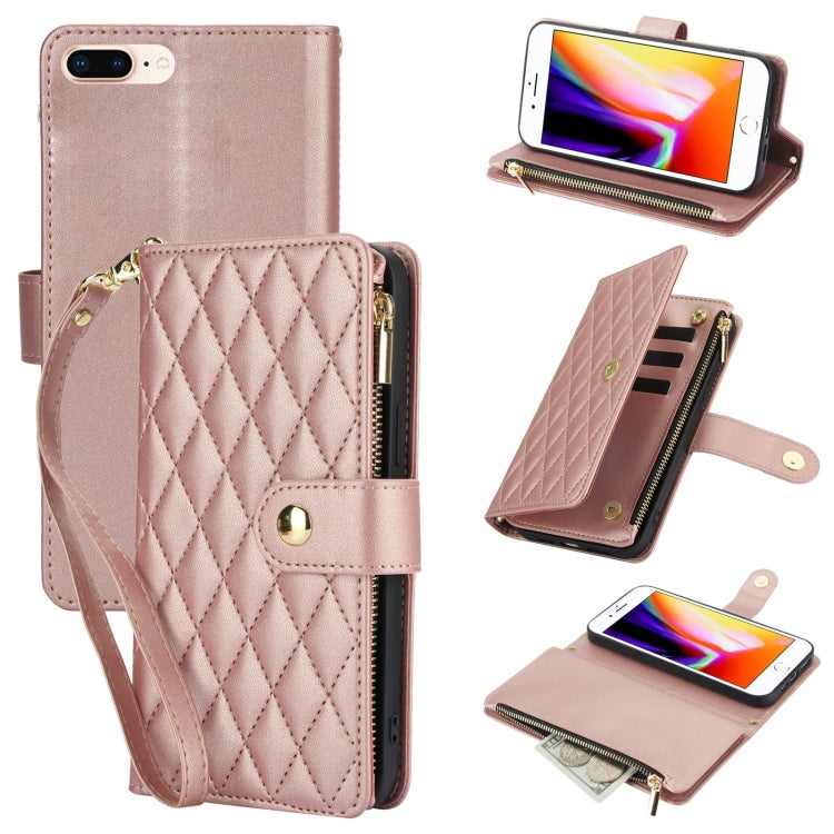 For iPhone 8 Plus / 7 Plus YM016 Rhombic Zipper Card Wallet Leather Phone Case with Lanyard(Rose Gold) - More iPhone Cases by buy2fix | Online Shopping UK | buy2fix