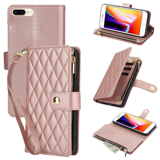 For iPhone 8 Plus / 7 Plus YM016 Rhombic Zipper Card Wallet Leather Phone Case with Lanyard(Rose Gold) - More iPhone Cases by buy2fix | Online Shopping UK | buy2fix