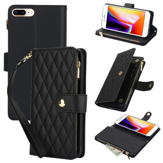 For iPhone 8 Plus / 7 Plus YM016 Rhombic Zipper Card Wallet Leather Phone Case with Lanyard(Black) - More iPhone Cases by buy2fix | Online Shopping UK | buy2fix