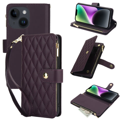 For iPhone 14 Plus YM016 Rhombic Zipper Card Wallet Leather Phone Case with Lanyard(Dark Purple) - iPhone 14 Plus Cases by buy2fix | Online Shopping UK | buy2fix