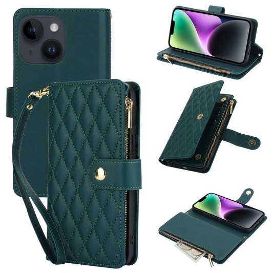 For iPhone 14 Plus YM016 Rhombic Zipper Card Wallet Leather Phone Case with Lanyard(Green) - iPhone 14 Plus Cases by buy2fix | Online Shopping UK | buy2fix
