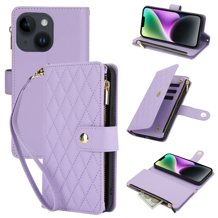 For iPhone 14 Plus YM016 Rhombic Zipper Card Wallet Leather Phone Case with Lanyard(Light Purple) - iPhone 14 Plus Cases by buy2fix | Online Shopping UK | buy2fix